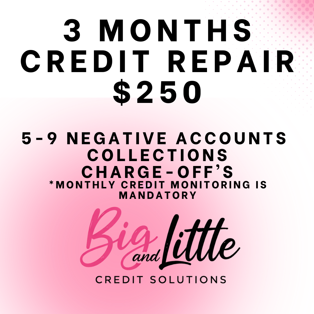 Promotional graphic for a credit repair service offering 3 months of credit repair for $250, featuring black and pink text on a white-to-pink gradient background with the Big and Little Credit Solutions logo.
