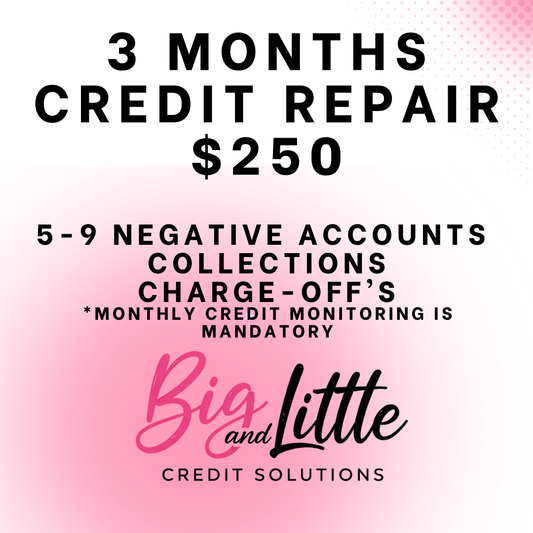 Promotional graphic for a credit repair service offering 3 months of credit repair for $250, featuring black and pink text on a white-to-pink gradient background with the Big and Little Credit Solutions logo.